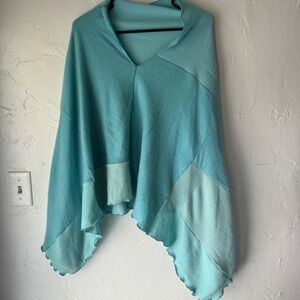 Blue Knit Poncho‎ Cover Up Ruana Cape Shawl Asymmetric Hem Versatile Cashmere